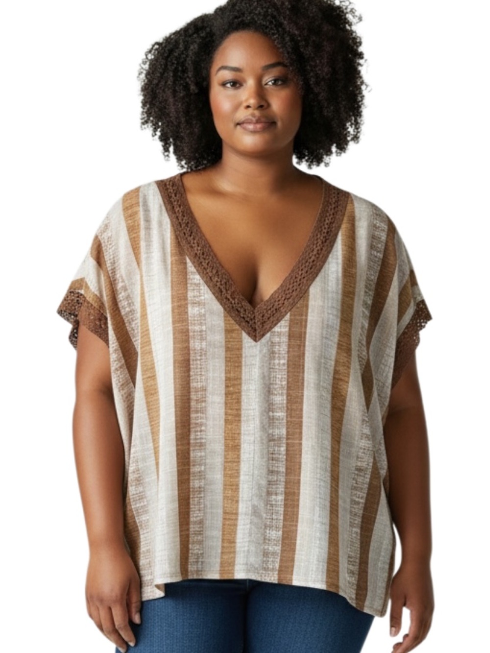 Plus Size V-Neck Striped Blouse in Brown and Cream